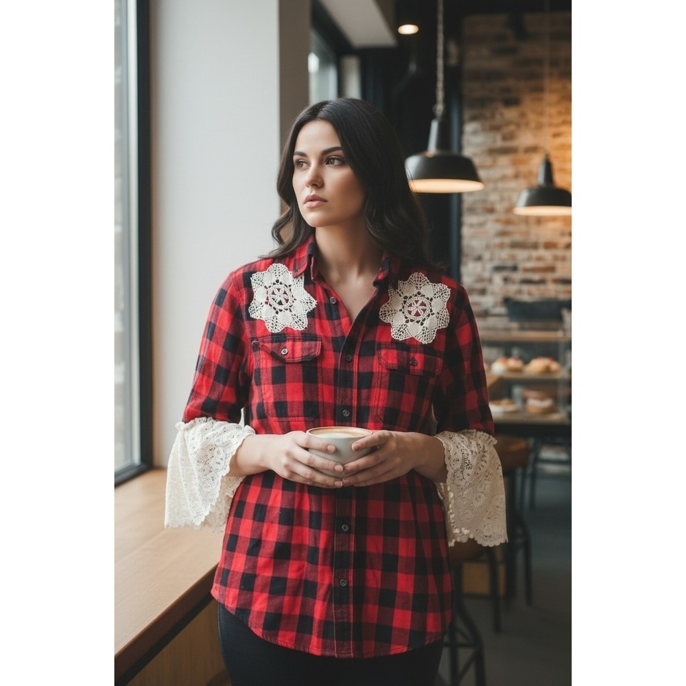 Boho Festival Upcycled Plaid Flannel Shirt Handmade Lace Size S Red Cabin Cotton